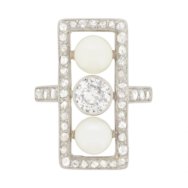 Edwardian Antique Pearl and Old Cut Diamond Trilogy Plaque Tablet Ring
