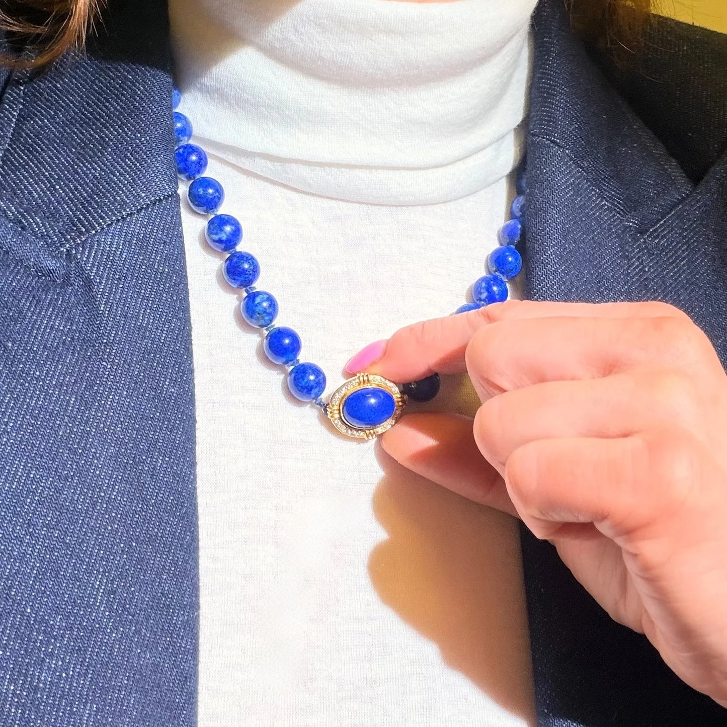 Vintage Lapis Lazuli Bead Necklace With Diamond Set 14 Carat Gold Clasp