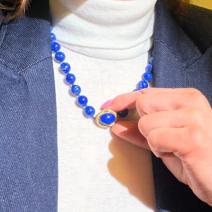 Vintage Lapis Lazuli Bead Necklace With Diamond Set 14 Carat Gold Clasp