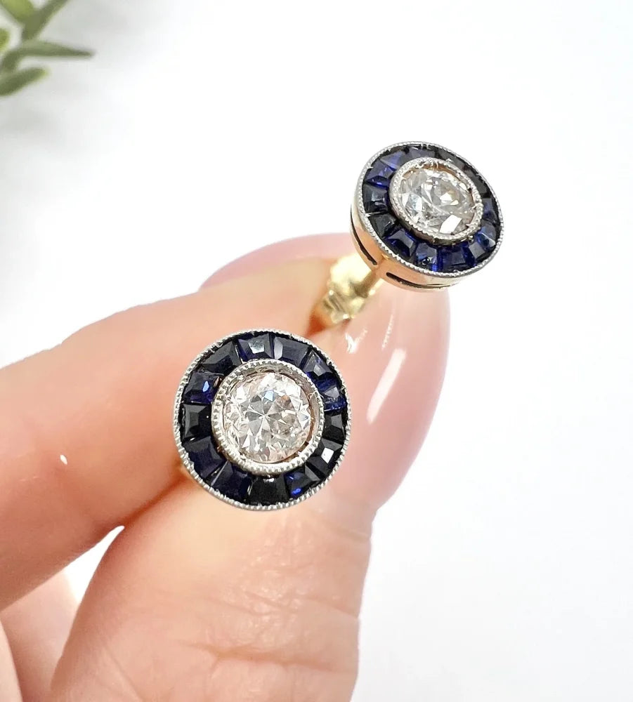 Art Deco Diamond and Sapphire Target Cluster Stud Earrings