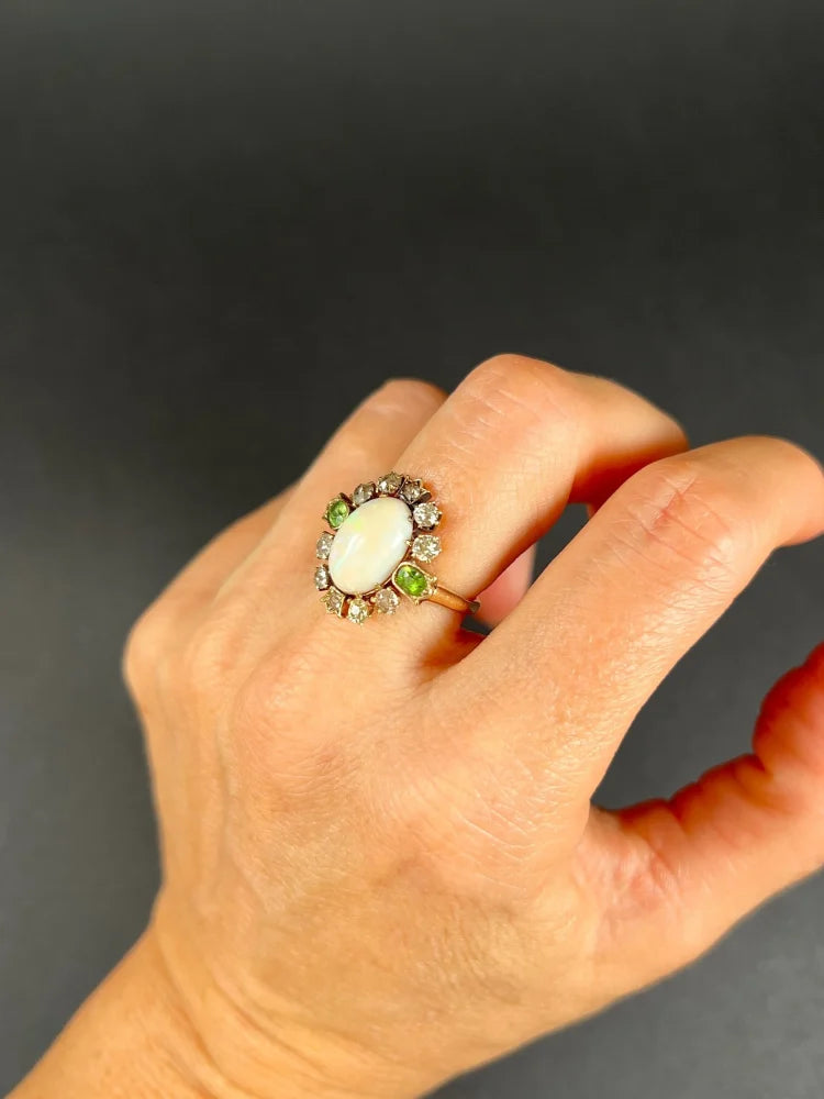 Victorian Antique Opal Diamond and Demantoid Garnet Cluster Ring