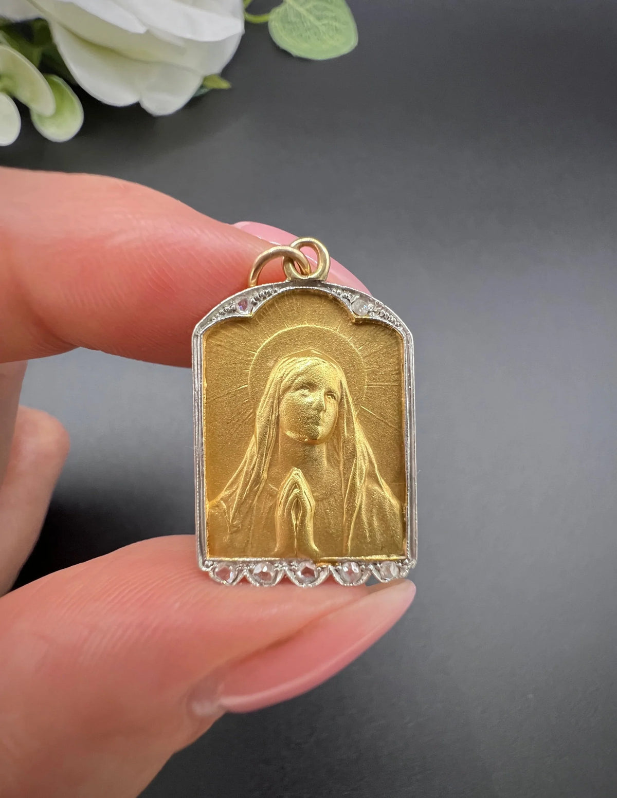 Antique 18 Carat Gold Diamond Set Madonna Religious Pendant, Circa 1910