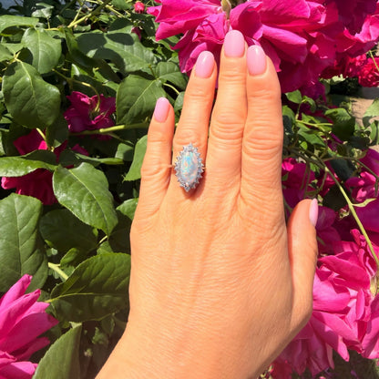 Vintage 14 ct White Gold Opal And Diamond Cluster Ring