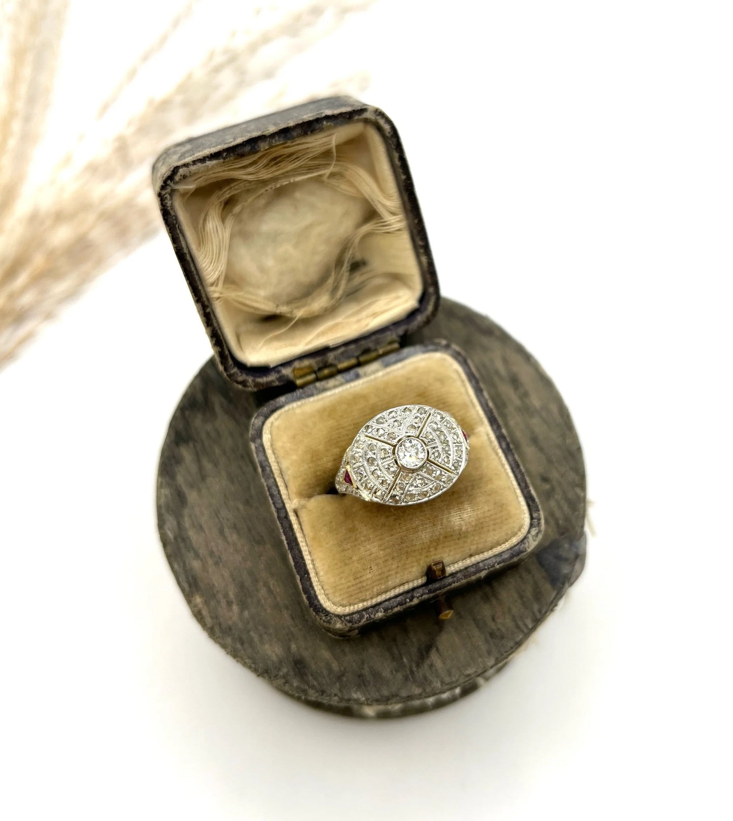 Antique 18 Carat Gold, Platinum, Diamond and Ruby Bombé Ring, Circa 1910