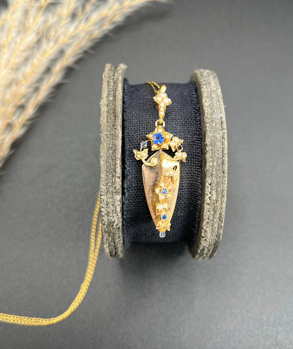 Antique 15 Carat Rose Gold Sapphire and Pearl Pendant, Circa 1900