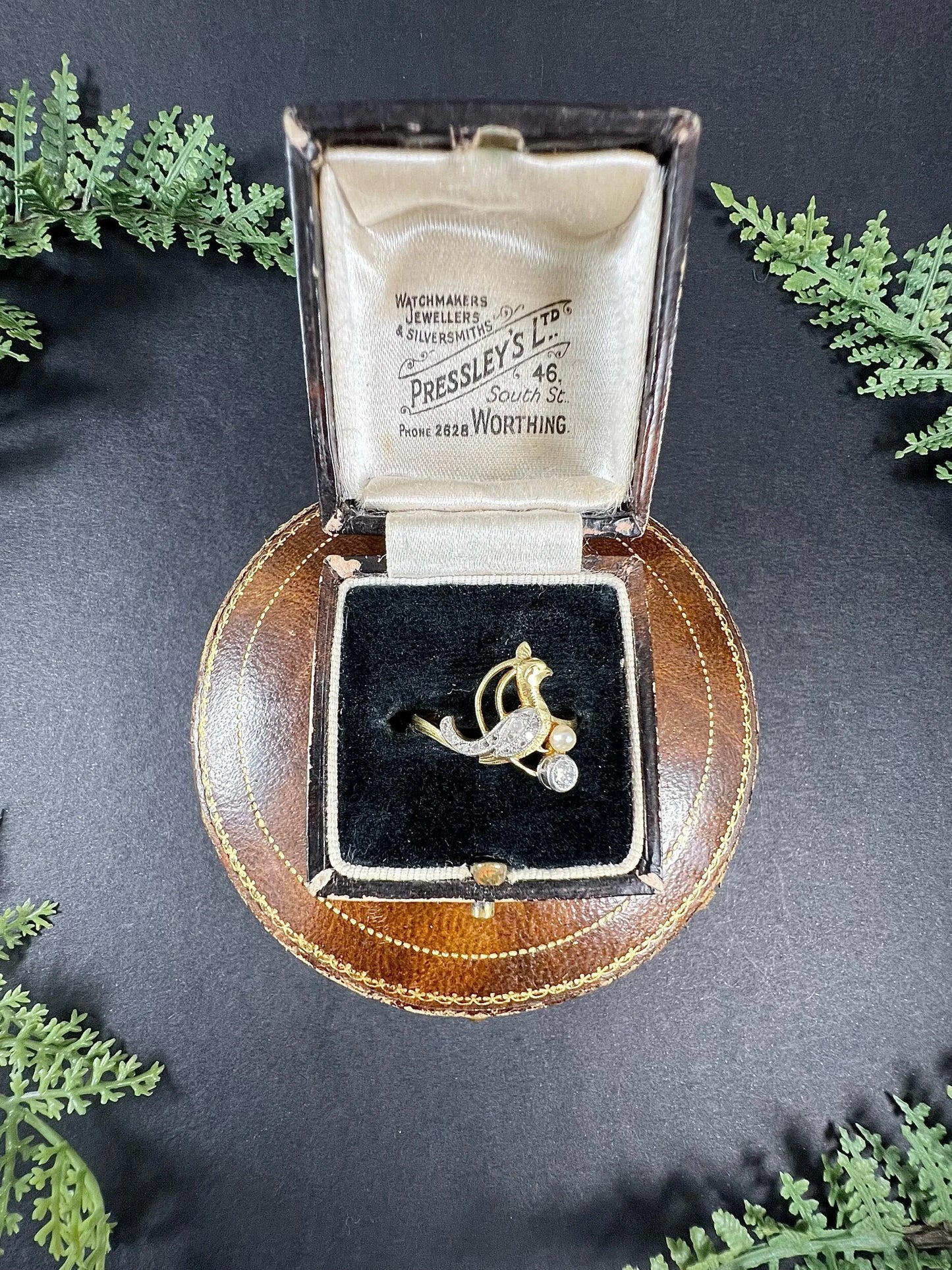 Art Nouveau 18 Carat Gold Old Cut Diamond and Natural Pearl Peacock Bird Ring