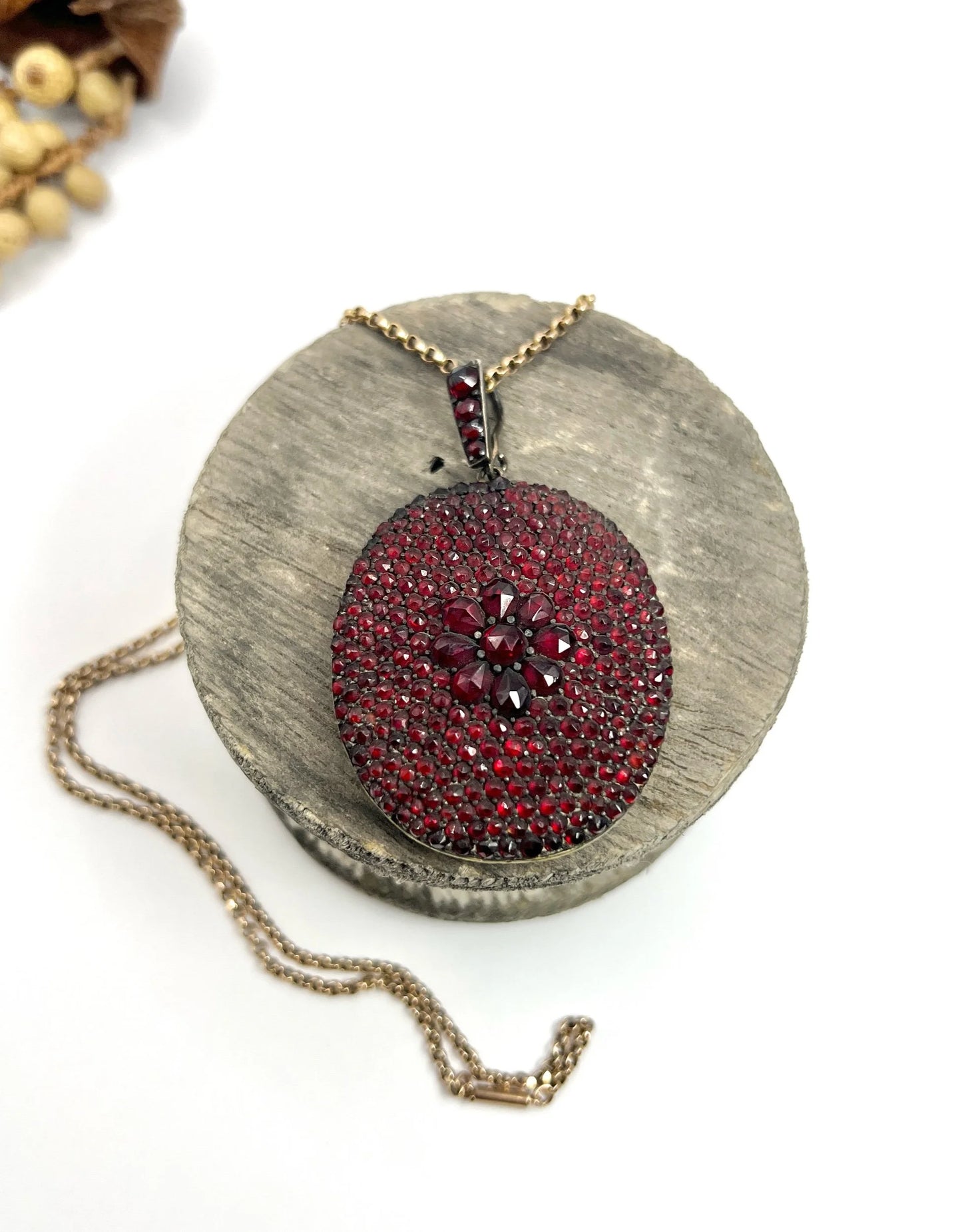 An antique oval locket encrusted with garnets, with a chain