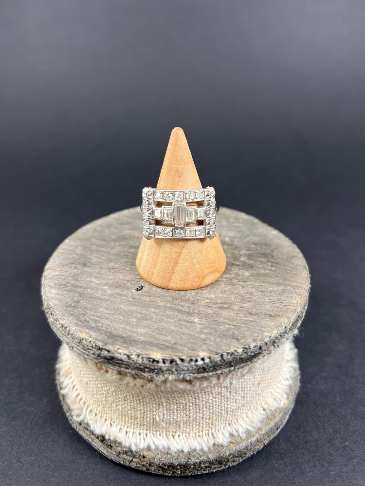 Vintage Diamond And Ruby Buckle Style Cocktail Ring In Platinum
