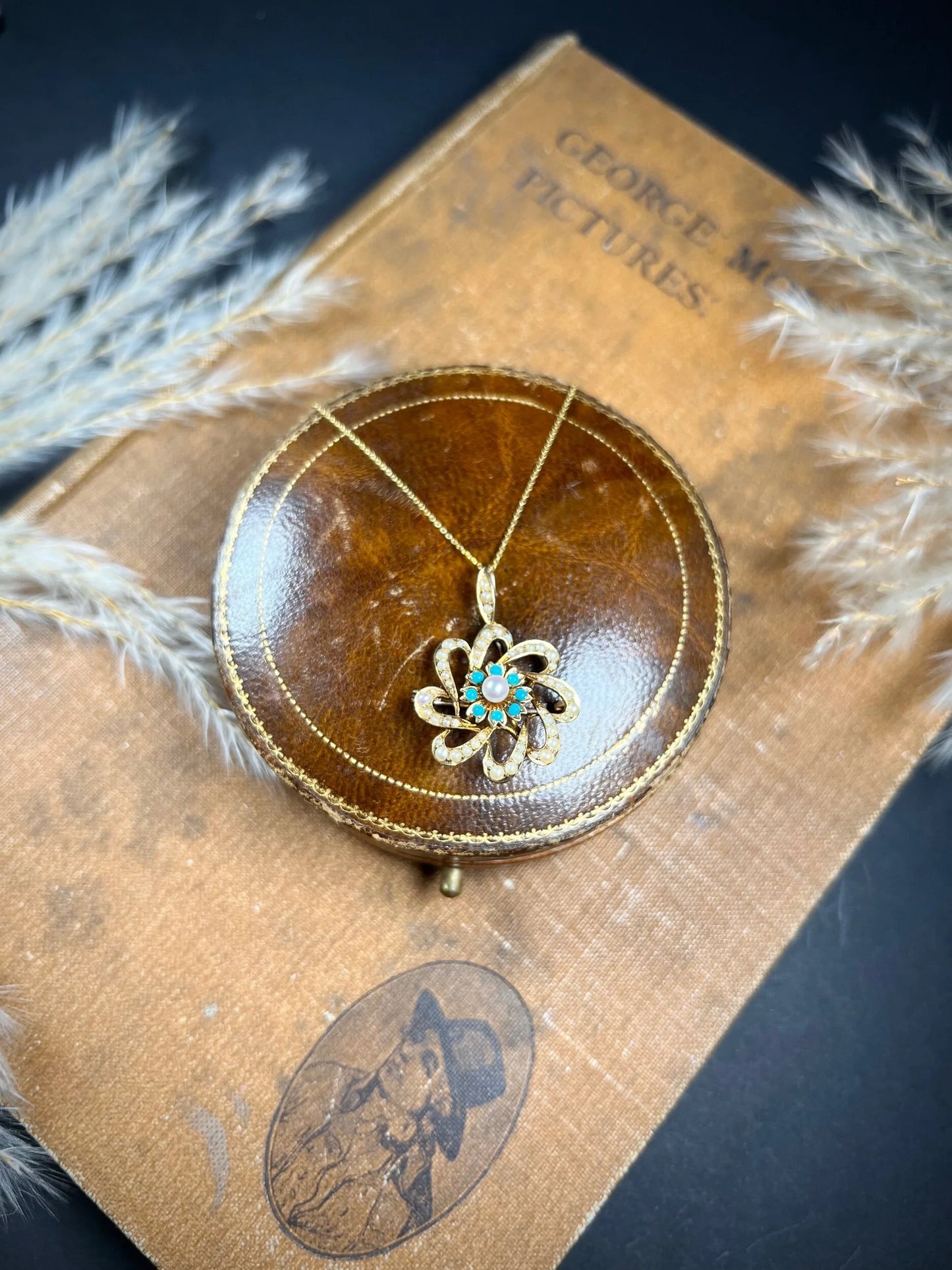Antique 15ct Gold Edwardian Pearl & Turquoise Flower Pendant