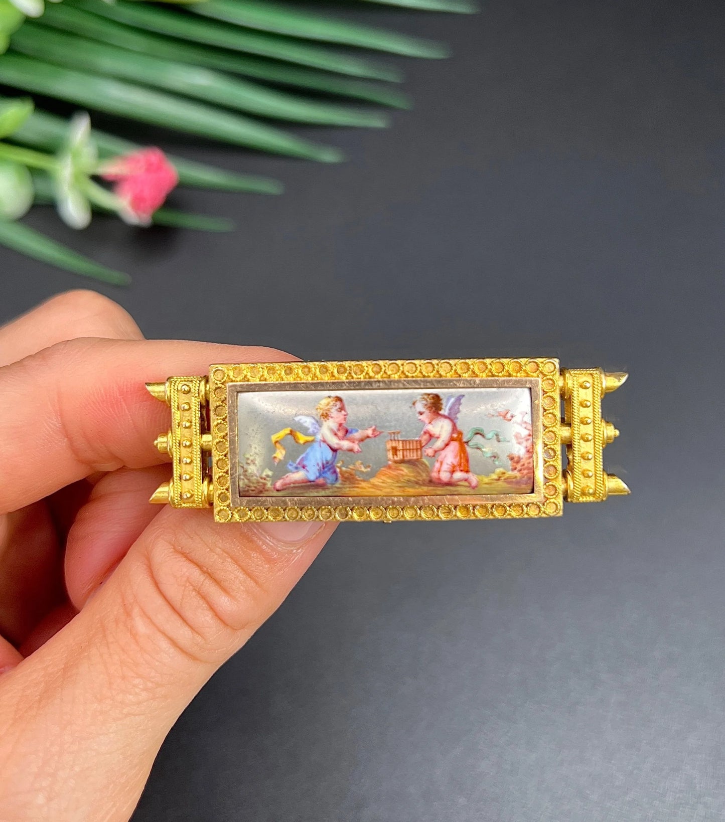 Antique 15 Carat Yellow Gold Enamel Cherub Panel Brooch, Circa 1880