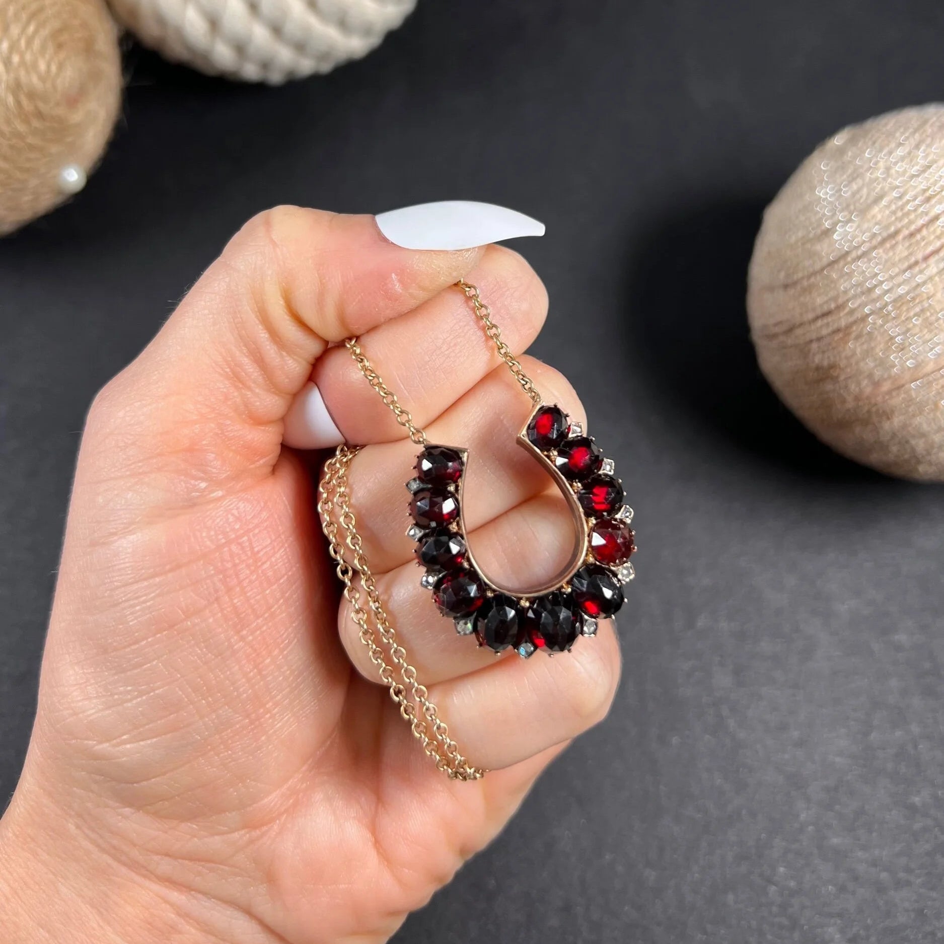 Victorian Antique Garnet and Diamond Horseshoe Pendant Necklace in Rose Gold