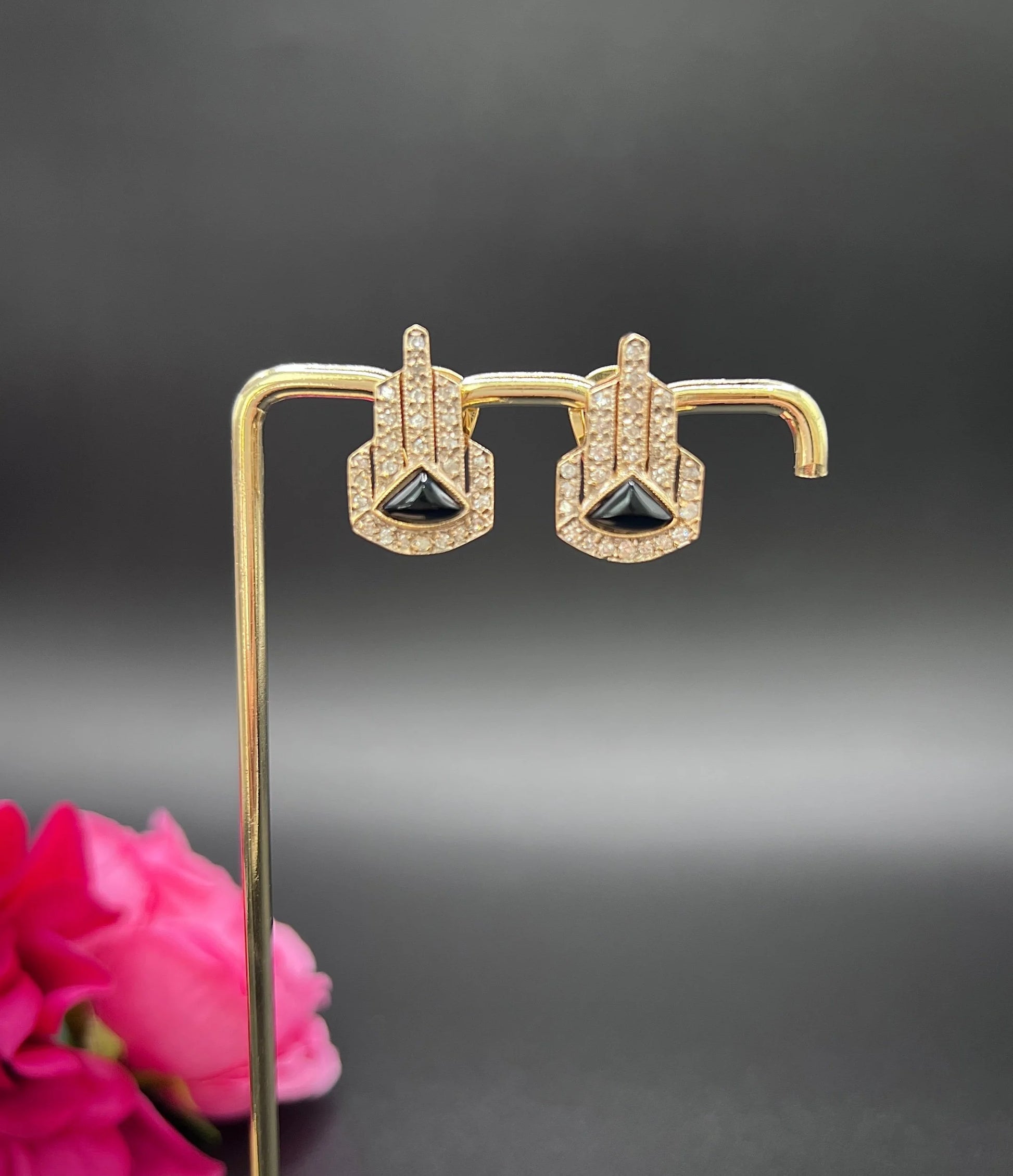 Vintage 14 ct Gold, Italian 1940's Art Deco Design, Diamond And Onyx Earrings
