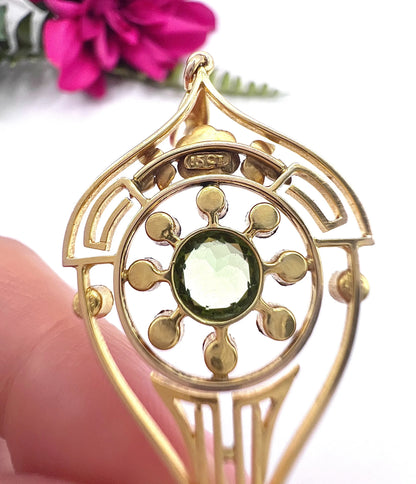 Antique 15 Carat Yellow Gold Peridot and Seed Pearl Drop Pendant, Circa 1910