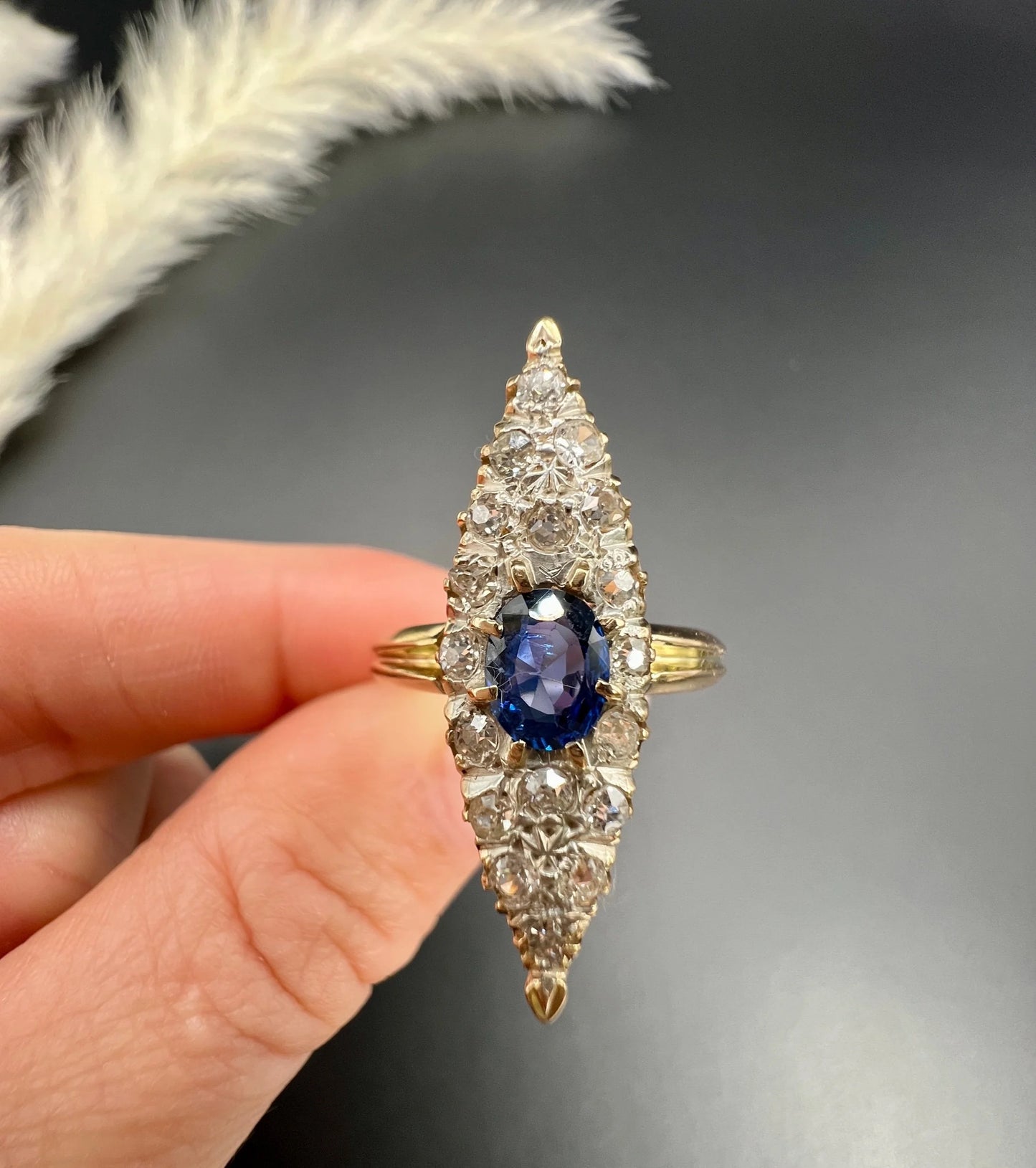 Antique 9 ct Yellow Gold, Victorian Sapphire And Diamond Marquise Navette Shaped Ring