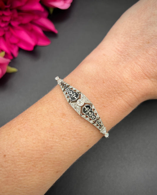 Antique Platinum, Original Art Deco Onyx & Diamond Bracelet