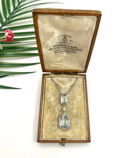 Vintage platinum, 1920s Aquamarine & Diamond Pendant Necklace