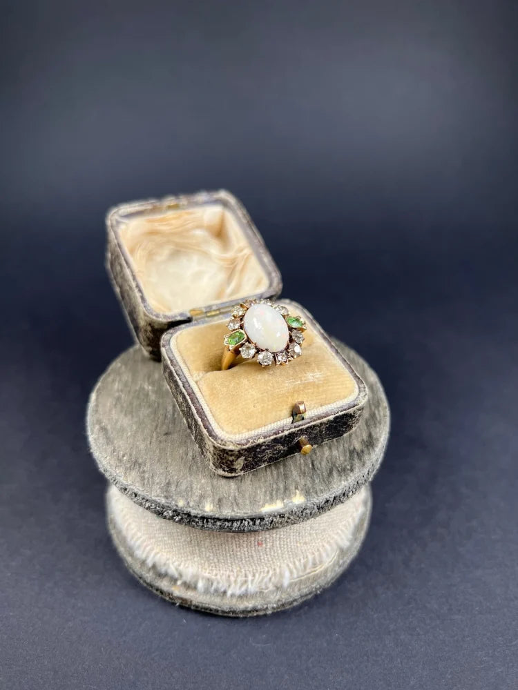 Victorian Antique Opal Diamond and Demantoid Garnet Cluster Ring