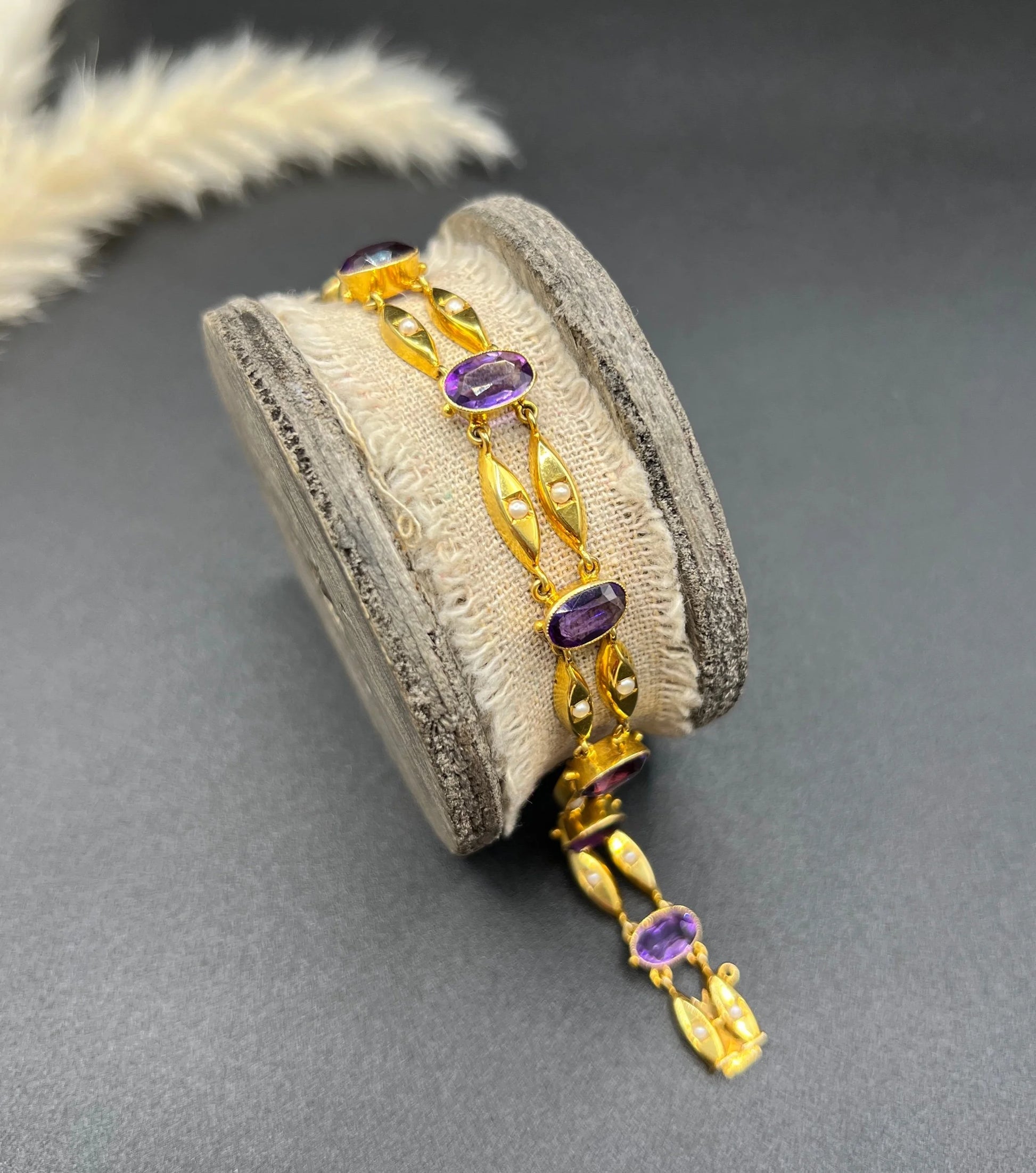 Antique Art Nouveau 15 Carat Yellow Gold Amethyst and Seed Pearl Two Row Bracelet