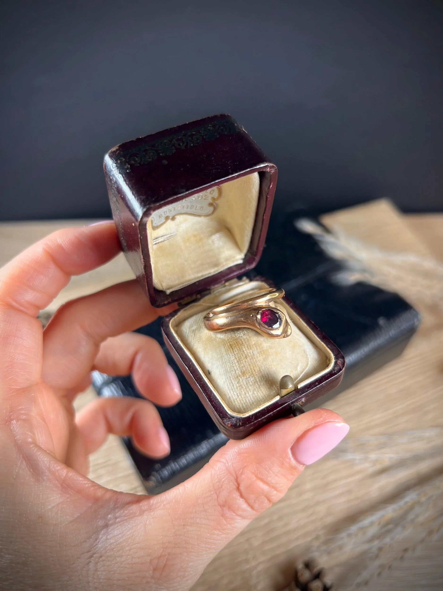 Antique 10ct Rose Gold, Victorian Garnet Headed Snake Ring