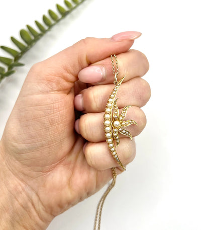Antique 15 Carat Yellow Gold Seed Pearl Sunburst Crescent Moon Pendant, Circa 1900