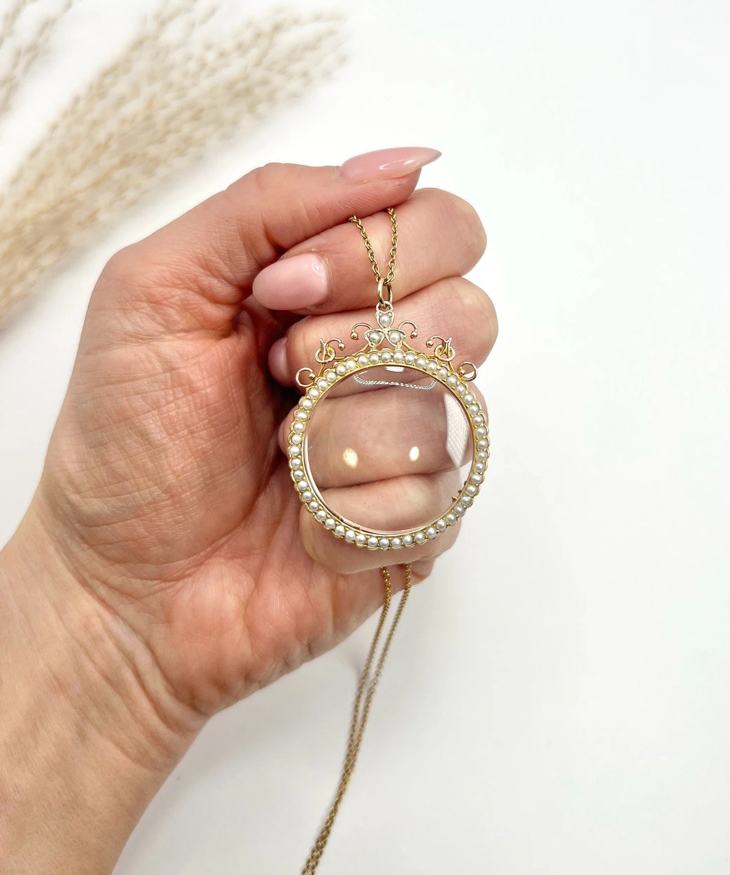 Antique 9 ct Rose Gold Stamped, Edwardian Seed Pearl Glass Locket Pendant