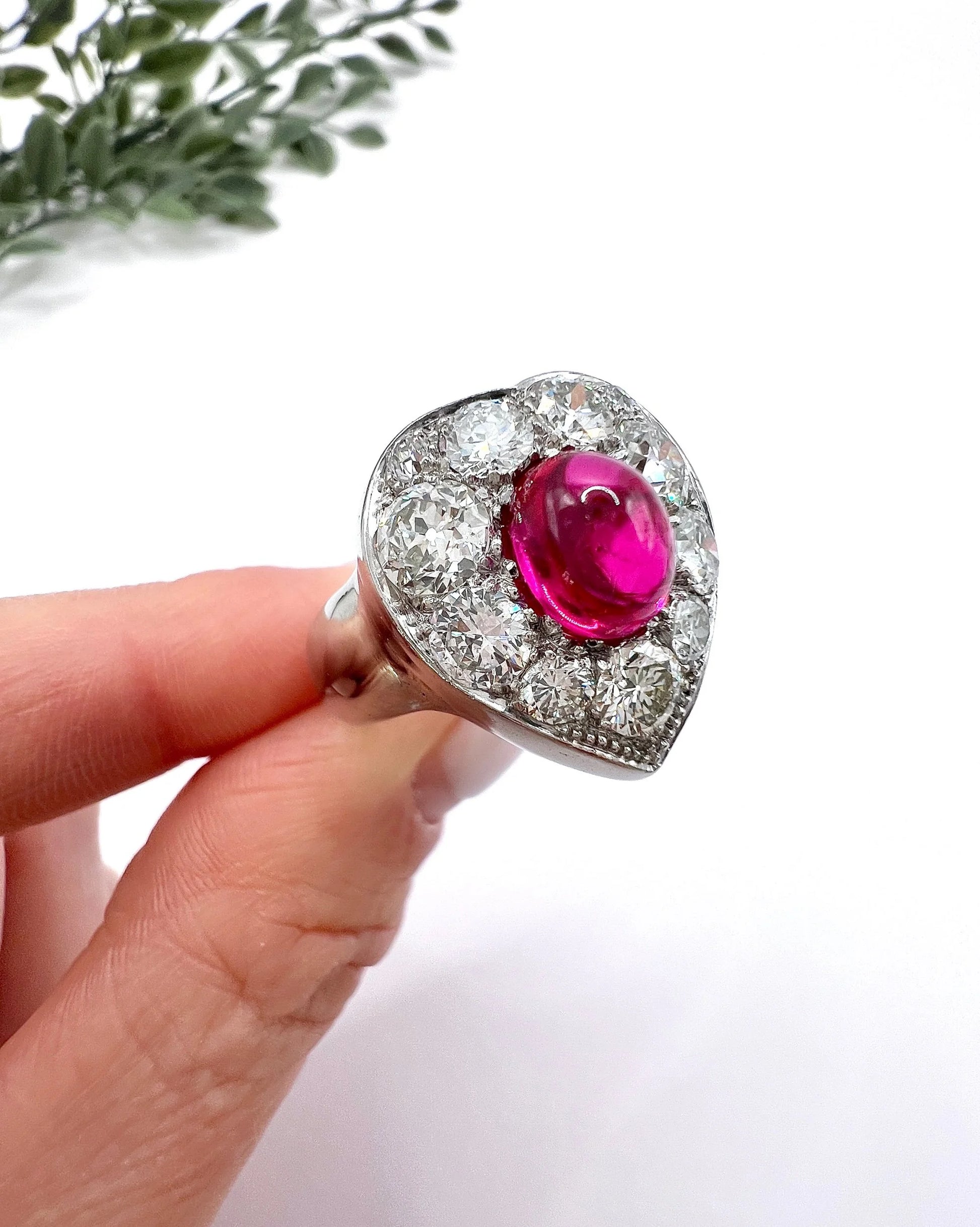 Vintage 14ct White Gold, Cabochon Ruby Heart-Shaped Diamond Cluster Ring
