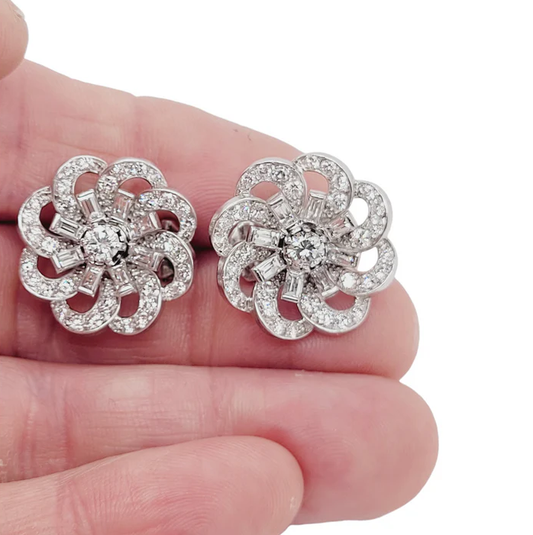 Art Deco Baguette Diamond Flower Cluster Earrings, 3.92 carats