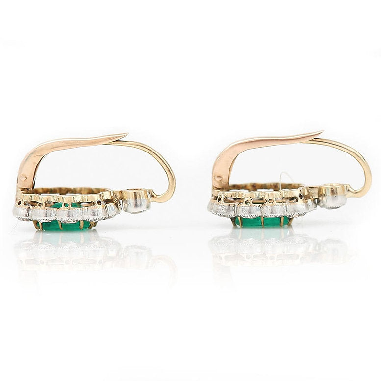 Art Deco 4ct Emerald and Diamond Cluster Drop Earrings