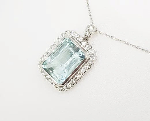 Emerald Cut Aquamarine and Diamond Cluster Pendant, 15cts, with Chain