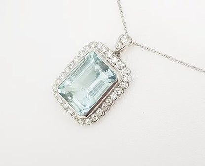 Emerald Cut Aquamarine and Diamond Cluster Pendant, 15cts, with Chain