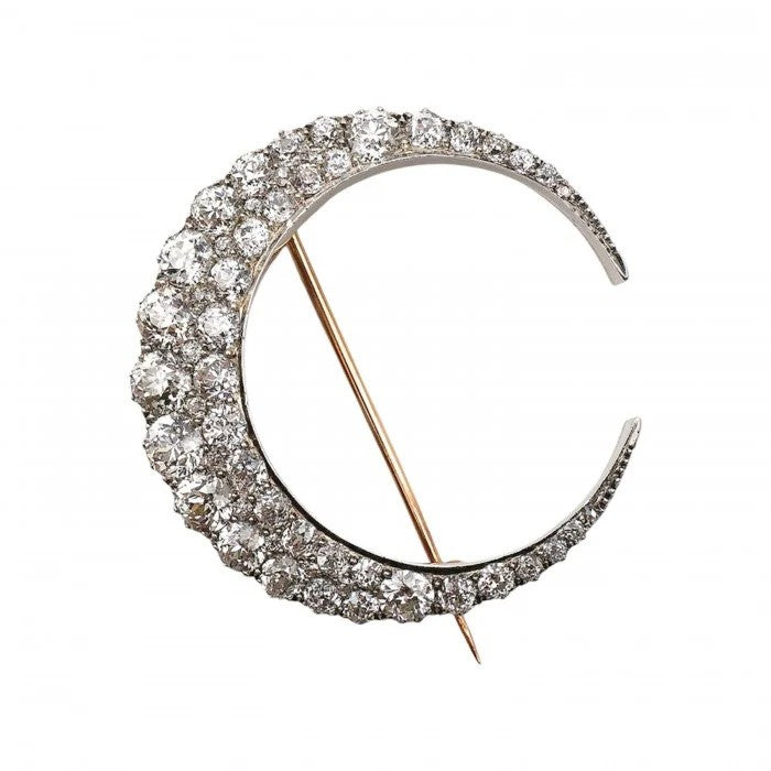 Victorian Antique 7ct Old Cut Diamond Crescent Brooch