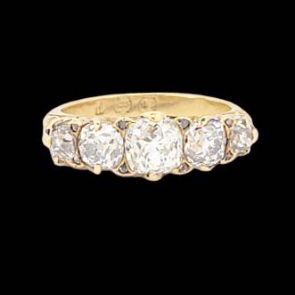 Antique 1.70ct Old Mine Cut Diamond Five Stone Ring, 1.70 carats graduating chunky old mine-cut diamonds in 18ct yellow gold, hallmarked Birmingham 1889