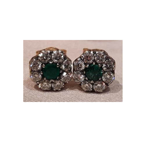 Emerald and Diamond Cluster Stud Earrings