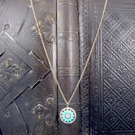Victorian Old Cut Diamond and Turquoise Flower Pendant, 3.20 Carat Total