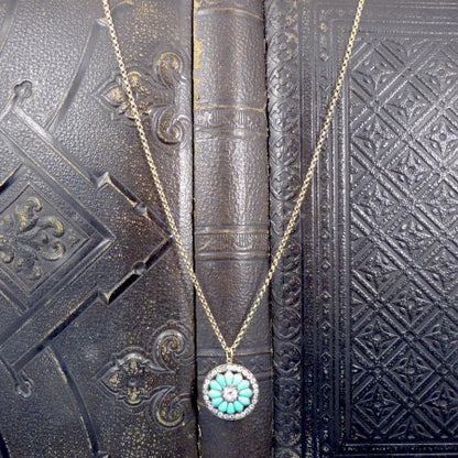 Victorian Old Cut Diamond and Turquoise Flower Pendant, 3.20 Carat Total