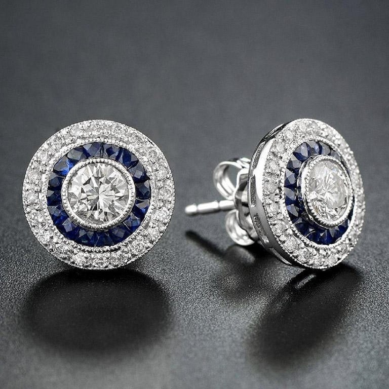 Diamond and Sapphire Target Cluster Stud Earrings