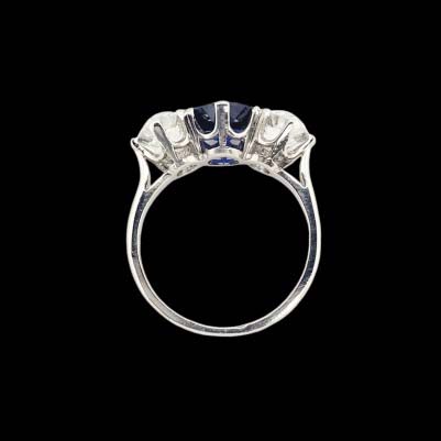 Art Deco 1.71ct Natural Sapphire and 1.60ct Old Cut Diamond Three Stone Engagement Ring in Platinum, Circa 1920