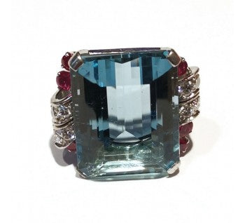 Vintage Tiffany & Co Aquamarine Ruby Diamond Ring, Circa 1950