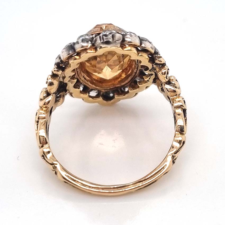 Victorian Antique 6.73ct Imperial Topaz and 1.60ct Old Cut Diamond Cluster Ring