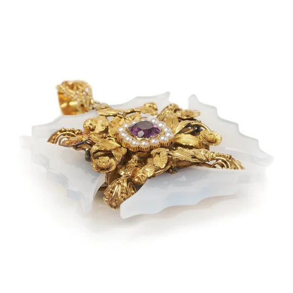 Antique Georgian Chalcedony Amethyst Natural Pearl and Gold Cross Pendant