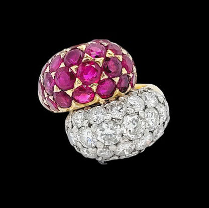 Vintage 6ct Natural Ruby and 6ct Old European Cut Diamond Crossover Bombe Ring in 18ct Yellow Gold