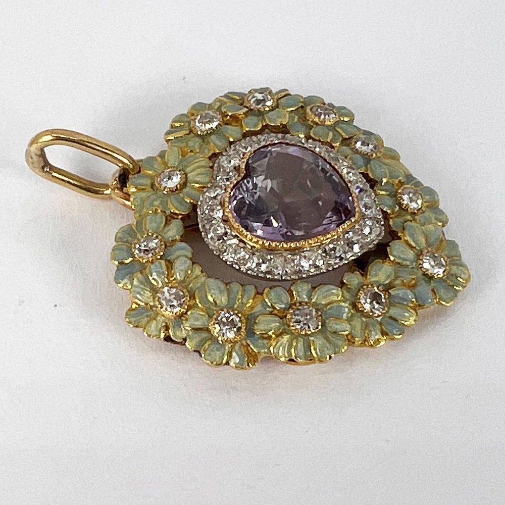 Morganite Heart Enamel and Diamond Flower Cluster Pendant