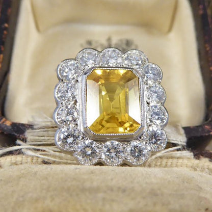 3ct Yellow Sapphire and 1.35ct Diamond Cluster Platinum Ring