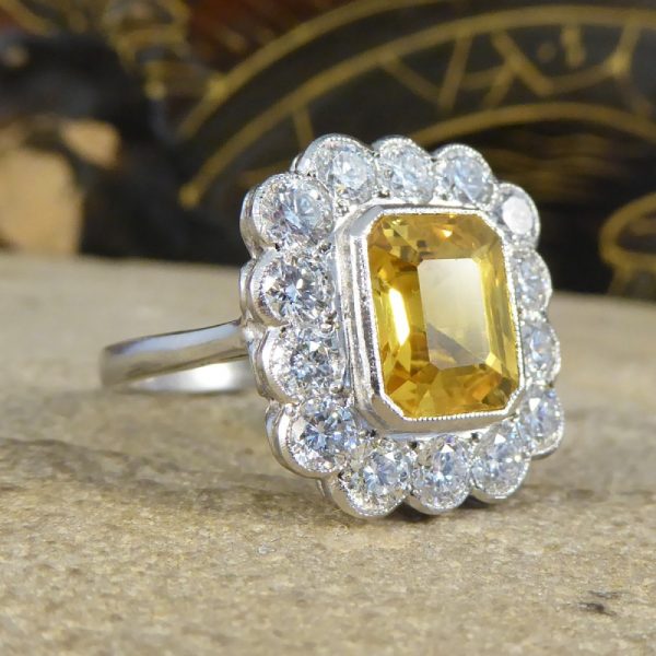 3ct Yellow Sapphire and 1.35ct Diamond Cluster Platinum Ring