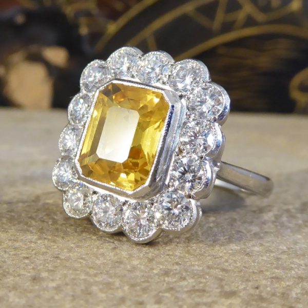 3ct Yellow Sapphire and 1.35ct Diamond Cluster Platinum Ring