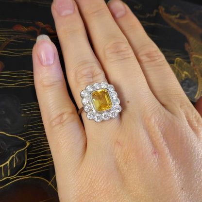 3ct Yellow Sapphire and 1.35ct Diamond Cluster Platinum Ring