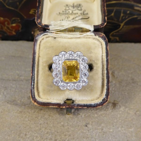 3ct Yellow Sapphire and 1.35ct Diamond Cluster Platinum Ring
