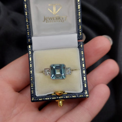 3ct Octagonal Cut Aquamarine and Diamond Three Stone Ring