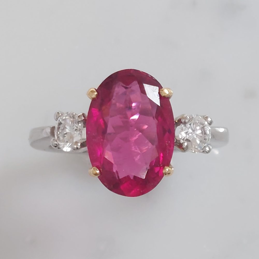 3cts Rubelite and Diamond Three Stone Ring