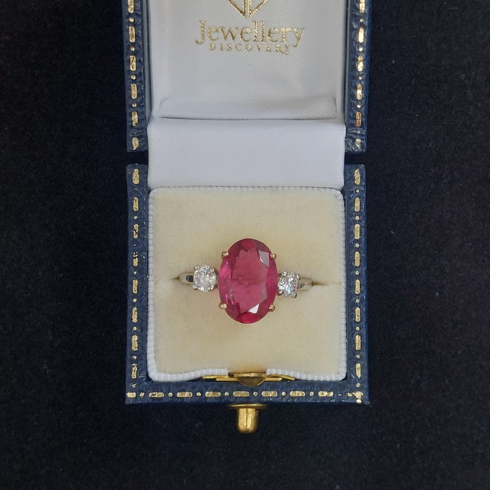 3cts Rubelite and Diamond Three Stone Ring